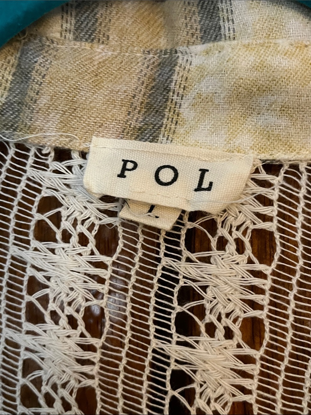 POL Plaid & Lace Patchwork Button-Up Shirt - Beige-Orange-Cream w/Open Lace - Picture 2 of 14
